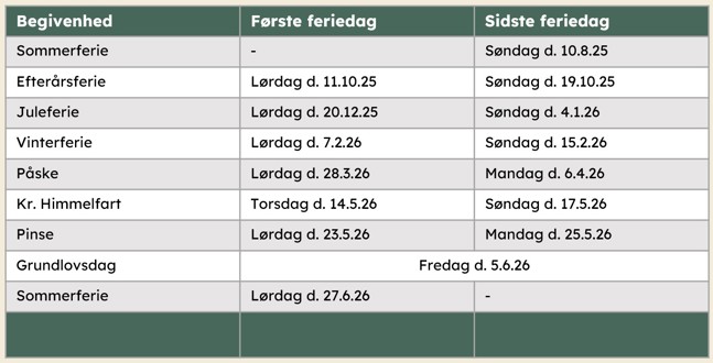 Overblik over ferieperiode for 2025 til 2026