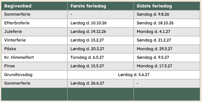 Overblik over ferieplan for 2026 til 2027